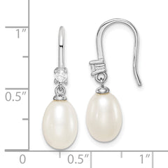 QE15207 Sterling Silver Rhodium-plated 7-8mm White Teardrop Freshwater Cultured Pearl and CZ Dangle Earrings