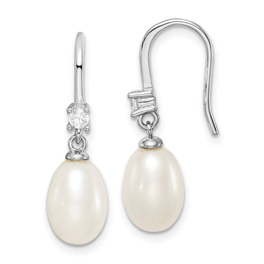 QE15207 Sterling Silver Rhodium-plated 7-8mm White Teardrop Freshwater Cultured Pearl and CZ Dangle Earrings