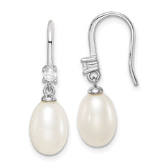 QE15207 Sterling Silver Rhodium-plated 7-8mm White Teardrop Freshwater Cultured Pearl and CZ Dangle Earrings