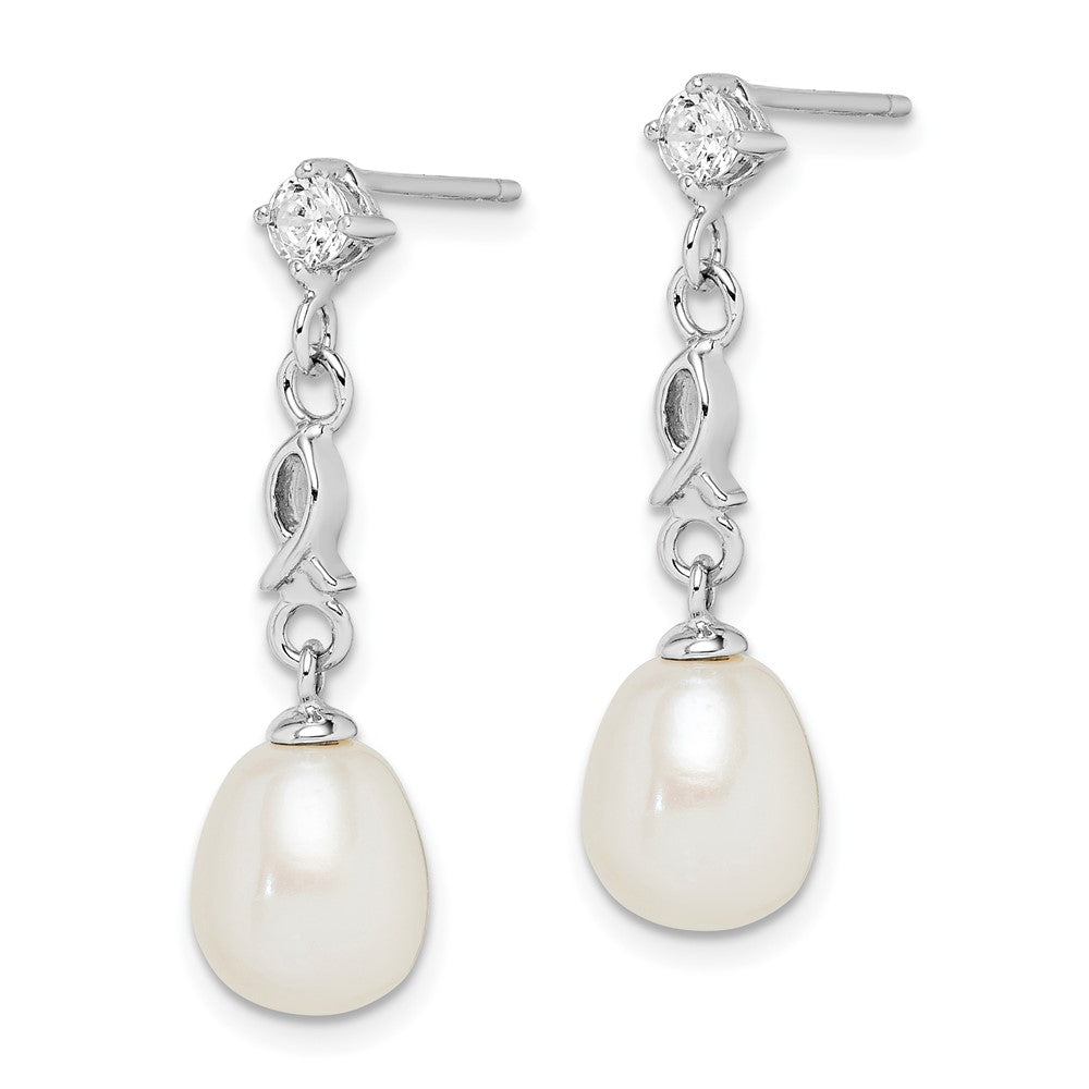 QE15209 Sterling Silver Rhodium-plated 7-8mm White Rice Freshwater Cultured Pearl and CZ Post Dangle Earrings