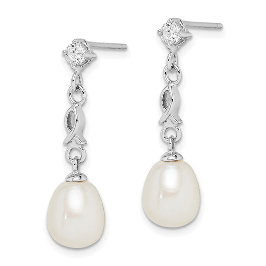 QE15209 Sterling Silver Rhodium-plated 7-8mm White Rice Freshwater Cultured Pearl and CZ Post Dangle Earrings