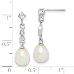 QE15209 Sterling Silver Rhodium-plated 7-8mm White Rice Freshwater Cultured Pearl and CZ Post Dangle Earrings