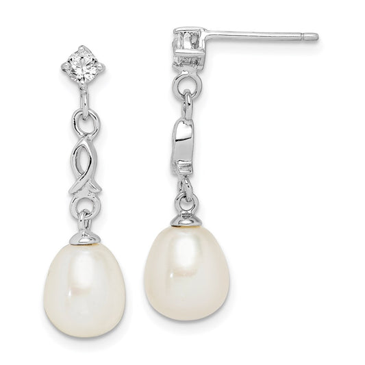 QE15209 Sterling Silver Rhodium-plated 7-8mm White Rice Freshwater Cultured Pearl and CZ Post Dangle Earrings