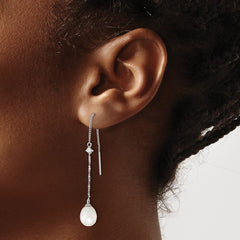 QE15211 Sterling Silver Rhodium-plated 7-8mm White Teardrop Freshwater Cultured Pearl and CZ Threader Earrings