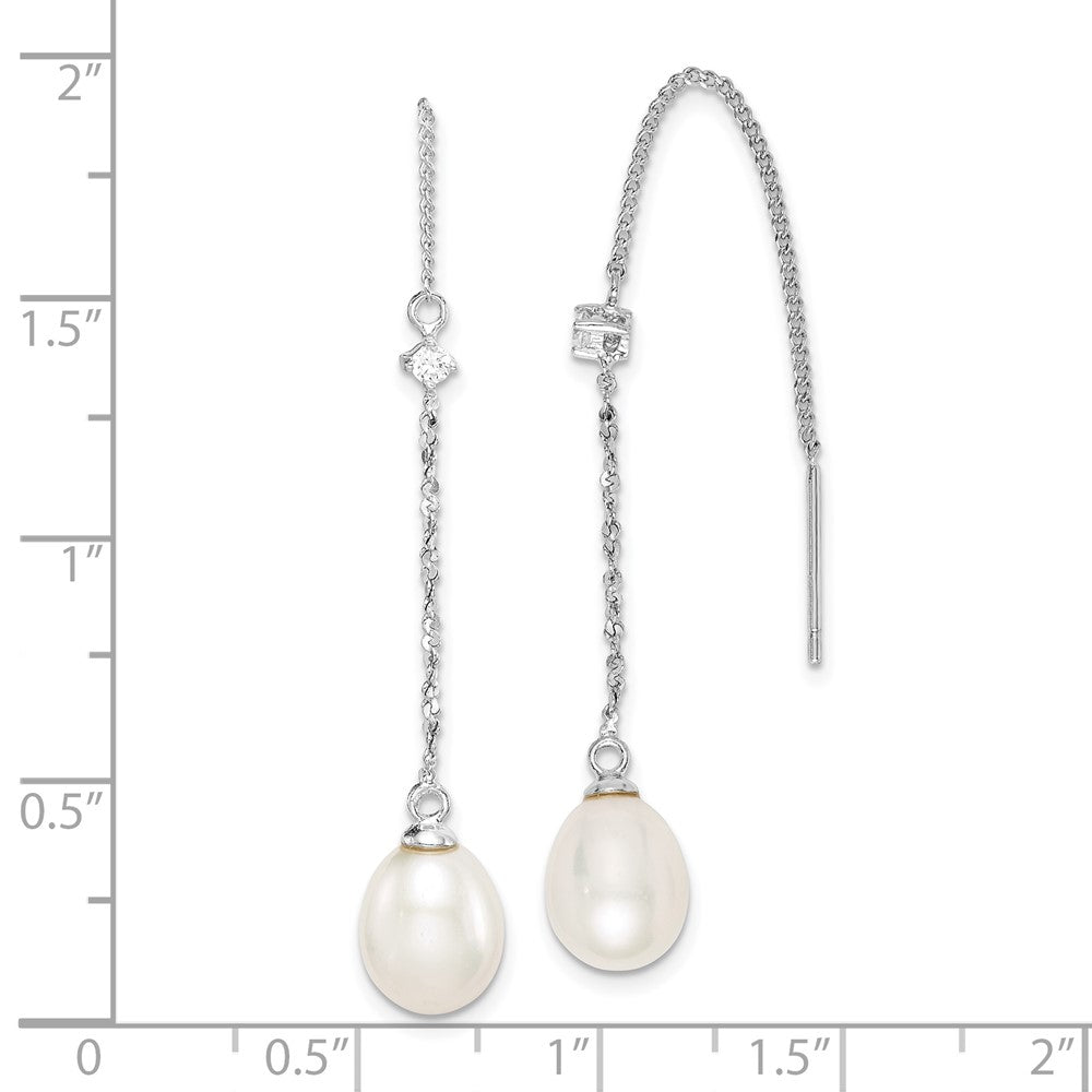 QE15211 Sterling Silver Rhodium-plated 7-8mm White Teardrop Freshwater Cultured Pearl and CZ Threader Earrings