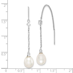 QE15211 Sterling Silver Rhodium-plated 7-8mm White Teardrop Freshwater Cultured Pearl and CZ Threader Earrings