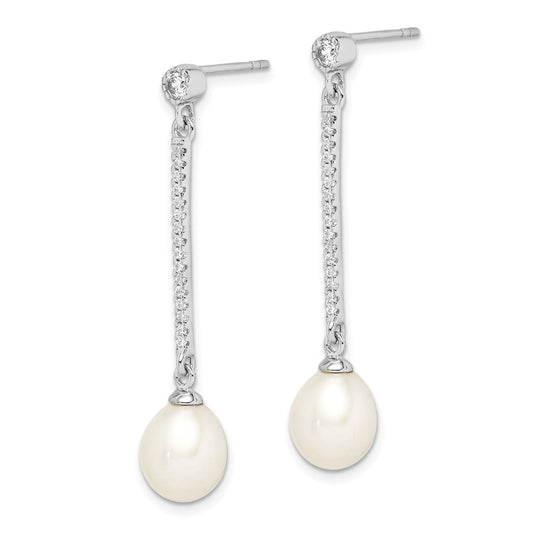 QE15212 Sterling Silver Rhodium-plated 8-9mm White Rice Freshwater Cultured Pearl and CZ Post Dangle Earrings