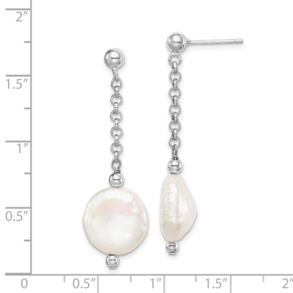 QE15215 Sterling Silver Rhodium-plated 12-13mm White Coin Freshwater Cultured Pearl Post Dangle Earrings