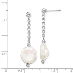 QE15215 Sterling Silver Rhodium-plated 12-13mm White Coin Freshwater Cultured Pearl Post Dangle Earrings