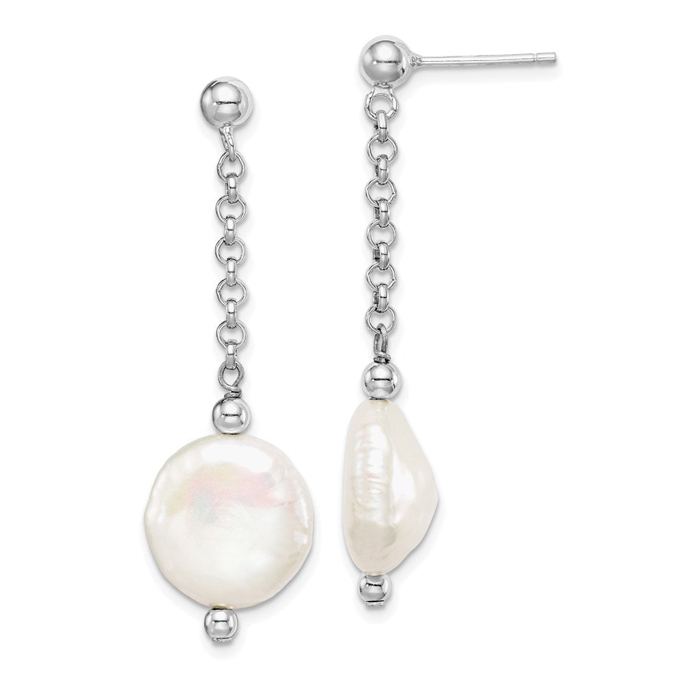 QE15215 Sterling Silver Rhodium-plated 12-13mm White Coin Freshwater Cultured Pearl Post Dangle Earrings