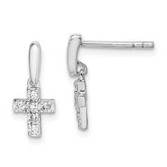 QE15231 Sterling Silver Rhodium-plated Polished CZ Cross Post Dangle Earrings