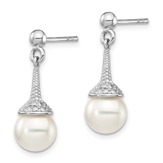 QE15236 Sterling Silver Rhodium-plated CZ and Imitation Shell Pearl Dangle Earrings