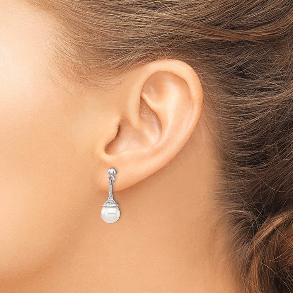 QE15236 Sterling Silver Rhodium-plated CZ and Imitation Shell Pearl Dangle Earrings