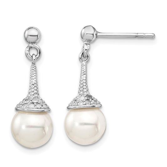 QE15236 Sterling Silver Rhodium-plated CZ and Imitation Shell Pearl Dangle Earrings