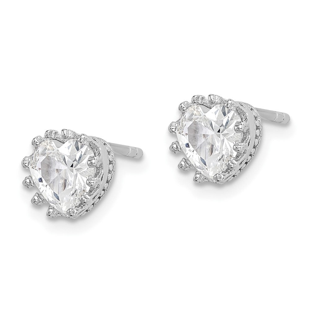 QE15239 Sterling Silver RH-plated Polished & Textured 6mm Heart CZ Stud Earrings