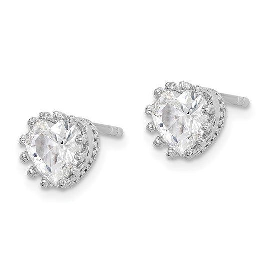 QE15239 Sterling Silver RH-plated Polished & Textured 6mm Heart CZ Stud Earrings