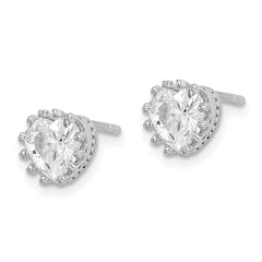 QE15239 Sterling Silver RH-plated Polished & Textured 6mm Heart CZ Stud Earrings