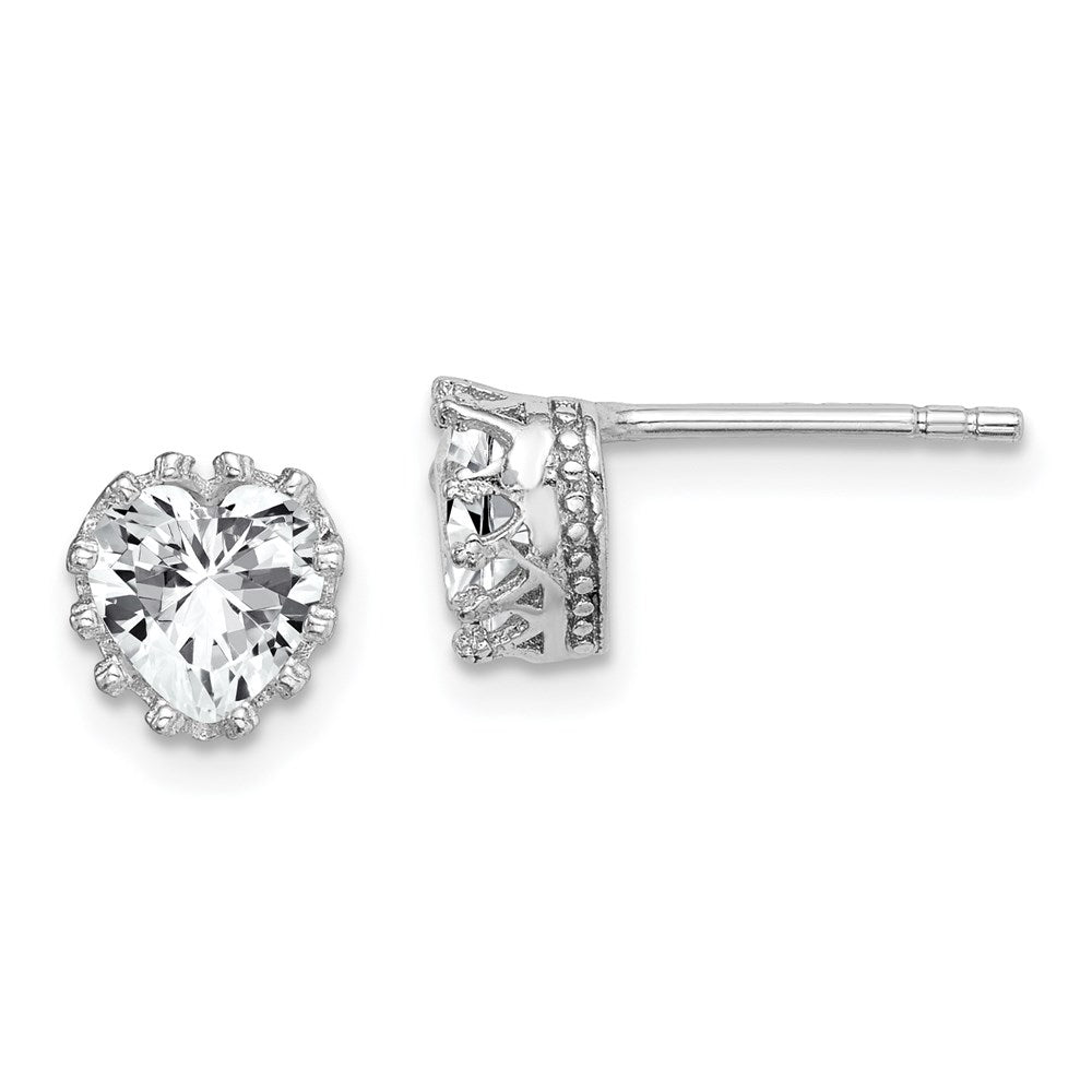 QE15239 Sterling Silver RH-plated Polished & Textured 6mm Heart CZ Stud Earrings