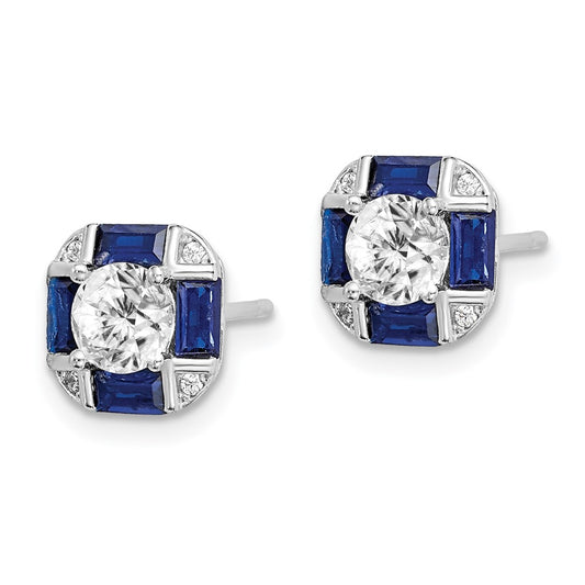 QE15241 Sterling Silver Rhodium-plated CZ and Lab Created Blue Spinel Earrings
