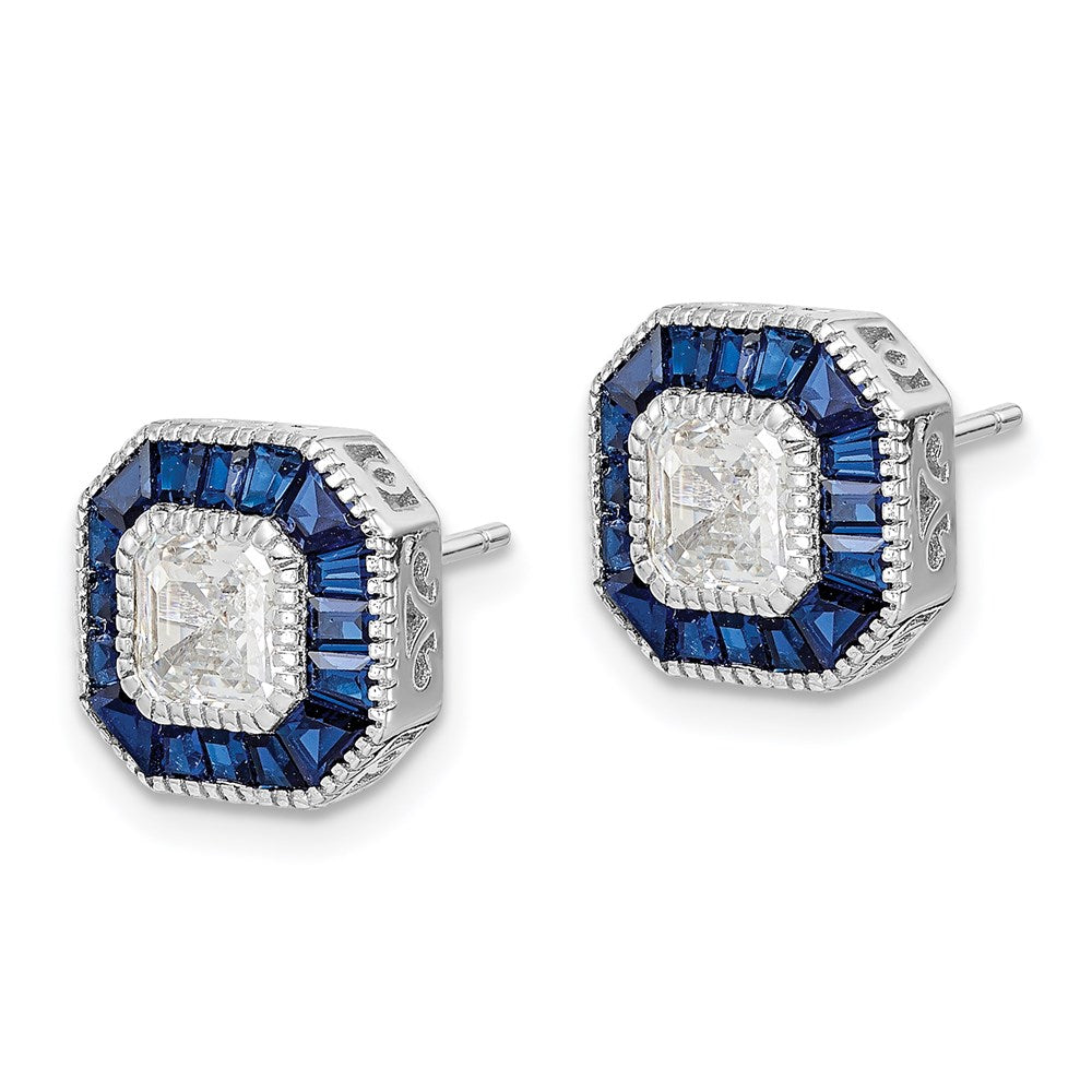 QE15252 Sterling Silver Rhodium-plated Synthetic Blue Spinel and CZ Earrings
