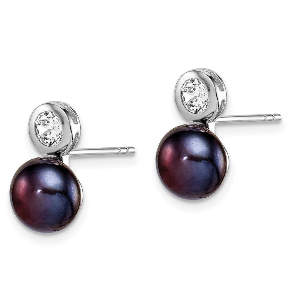 QE15259 Sterling Silver Rhodium-plated 7-8mm Black Button Freshwater Cultured Pearl and CZ Post Earrings