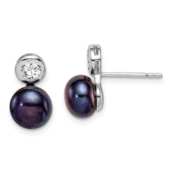 QE15259 Sterling Silver Rhodium-plated 7-8mm Black Button Freshwater Cultured Pearl and CZ Post Earrings