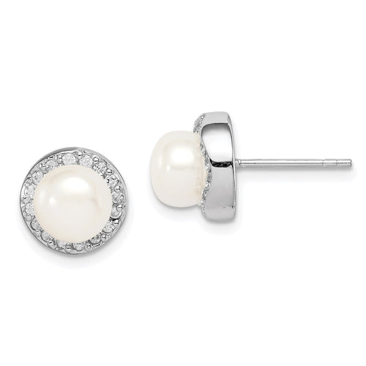 QE15262 Sterling Silver Rhodium-plated 7-8mm White Button Freshwater Cultured Pearl and CZ Post Earrings