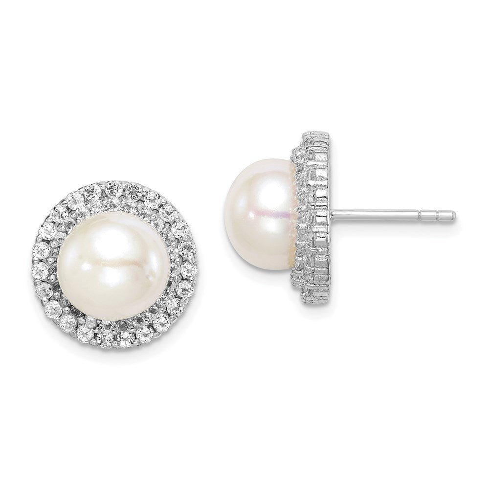 QE15263 Sterling Silver Rhodium-plated 8-9mm White Button Freshwater Cultured Pearl and CZ Post Earrings