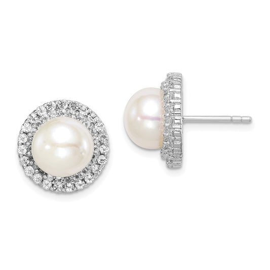 QE15263 Sterling Silver Rhodium-plated 8-9mm White Button Freshwater Cultured Pearl and CZ Post Earrings