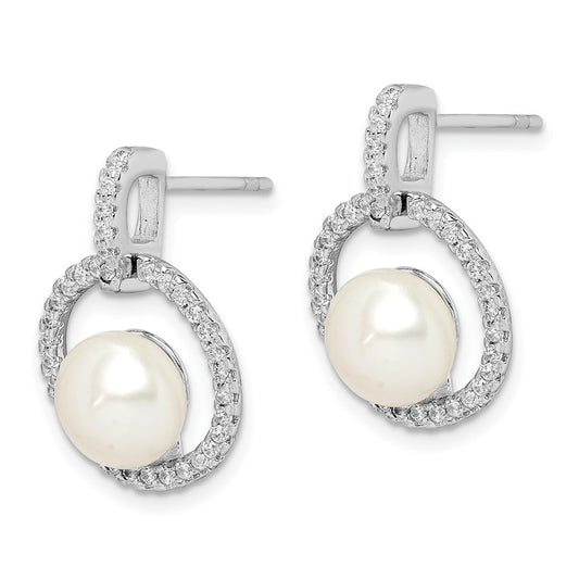 QE15264 Sterling Silver Rhodium-plated 8-9mm White Button Freshwater Cultured Pearl and CZ Post Dangle Earrings
