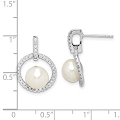 QE15264 Sterling Silver Rhodium-plated 8-9mm White Button Freshwater Cultured Pearl and CZ Post Dangle Earrings