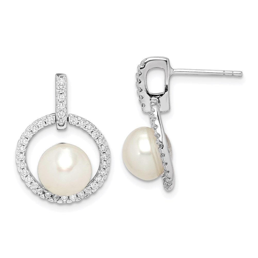 QE15264 Sterling Silver Rhodium-plated 8-9mm White Button Freshwater Cultured Pearl and CZ Post Dangle Earrings