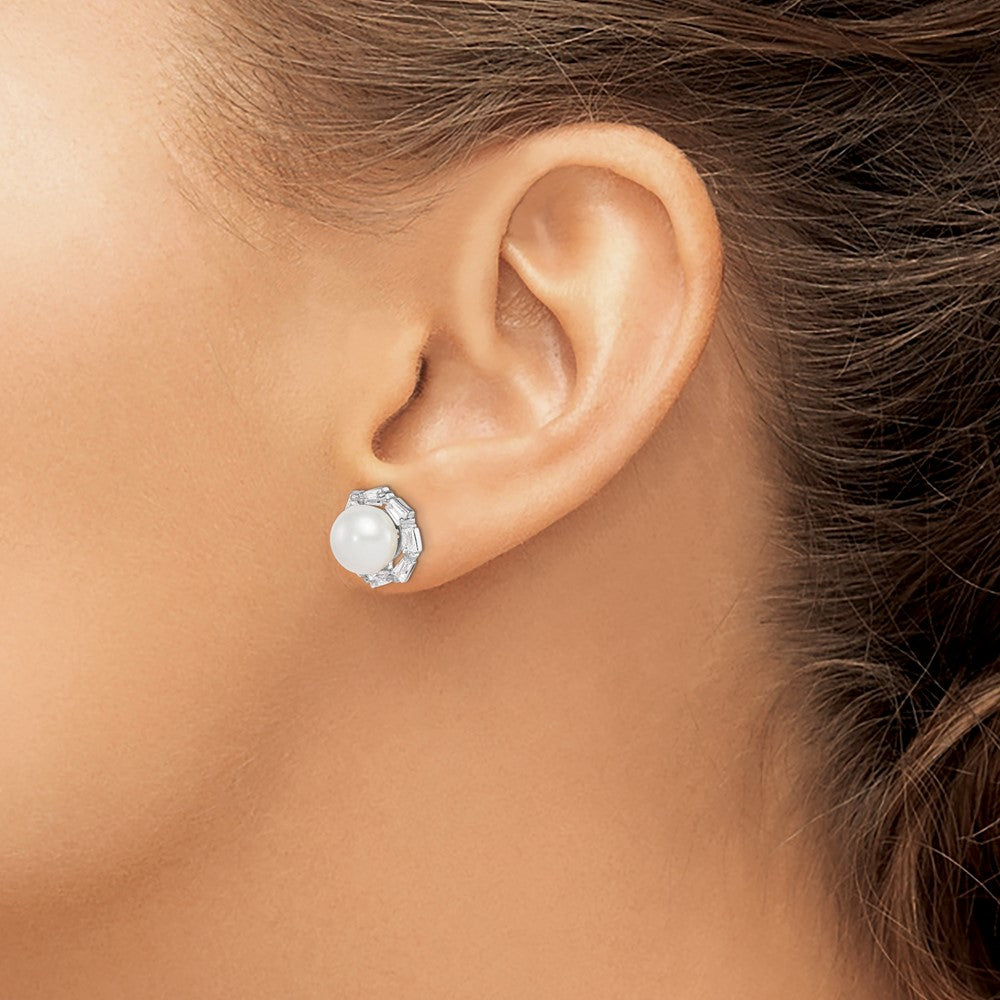 QE15267 Sterling Silver Rhodium-plated 8-9mm White Button Freshwater Cultured Pearl and CZ Post Earrings