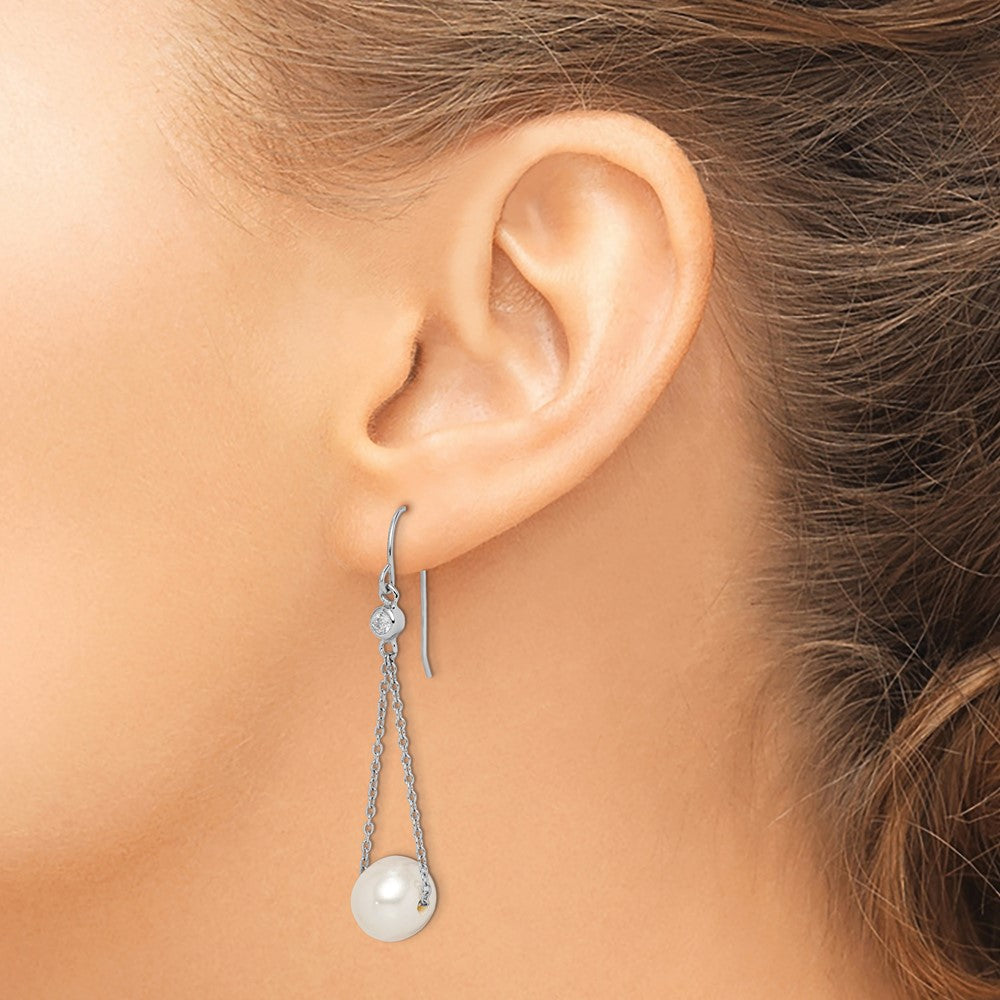 QE15293 Sterling Silver Rhodium-plated 9-10mm White Semi-Round Freshwater Cultured Pearl and CZ Dangle Earrings