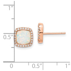 QE15295 Sterling Silver Rose-Tone Created Opal & CZ Square Halo Post Earrings