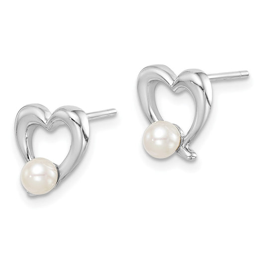 QE15308 Sterling Silver Rhodium-plated 3-4mm White Round Freshwater Cultured Pearl Heart Post Earrings