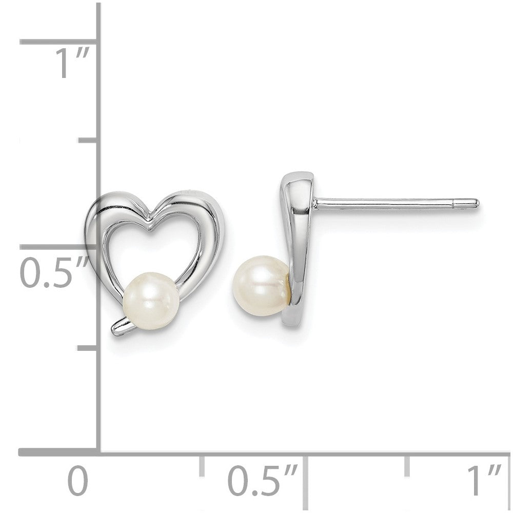 QE15308 Sterling Silver Rhodium-plated 3-4mm White Round Freshwater Cultured Pearl Heart Post Earrings