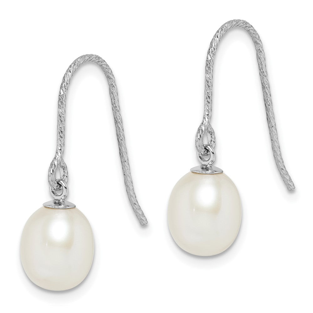 QE15309 Sterling Silver Rhodium-plated Diamond-cut 6-7mm White Teardrop Freshwater Cultured Pearl Dangle Earrings