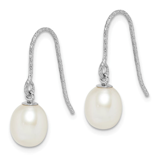QE15309 Sterling Silver Rhodium-plated Diamond-cut 6-7mm White Teardrop Freshwater Cultured Pearl Dangle Earrings