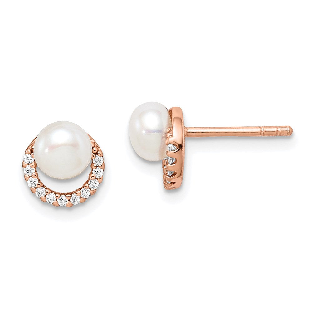 QE15311 Sterling Silver Rose-tone w/ FW Cultured Pearl and CZ Earrings