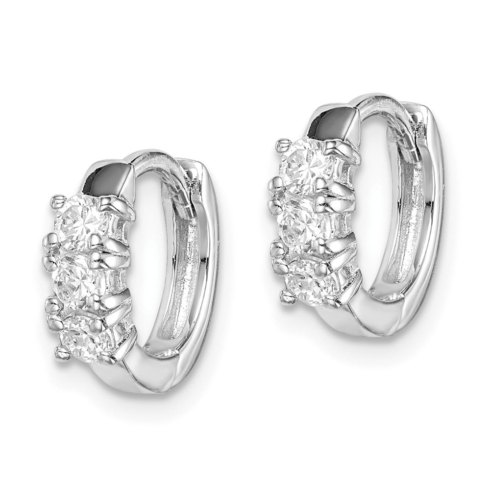 QE15317 Sterling Silver RH-plated 3-stone CZ 2x11mm Hinged Hoop Earrings