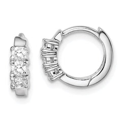 QE15317 Sterling Silver RH-plated 3-stone CZ 2x11mm Hinged Hoop Earrings