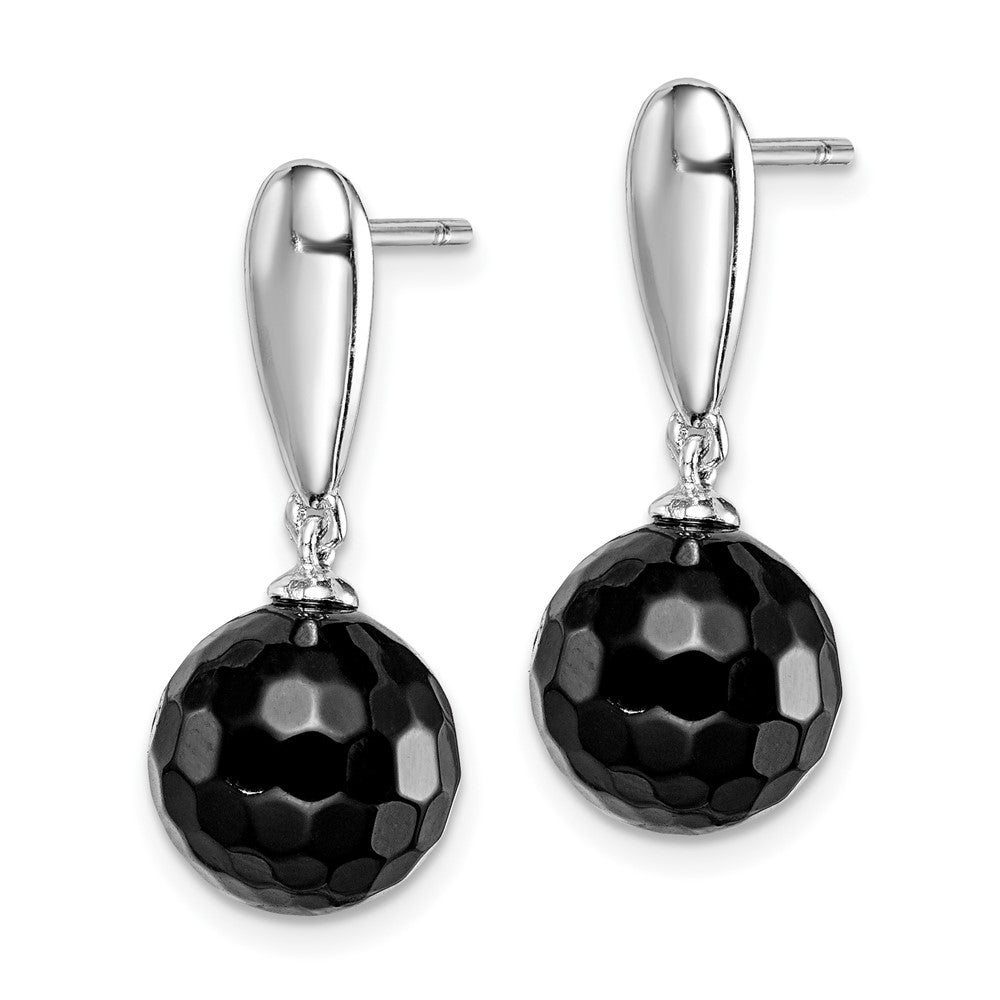 QE15326 Sterling Silver Rhodium-plated Faceted 10mm Onyx Post Dangle Earrings
