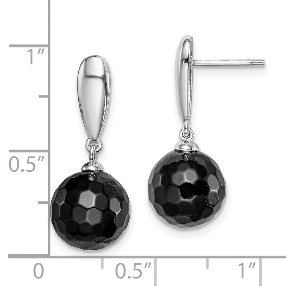 QE15326 Sterling Silver Rhodium-plated Faceted 10mm Onyx Post Dangle Earrings