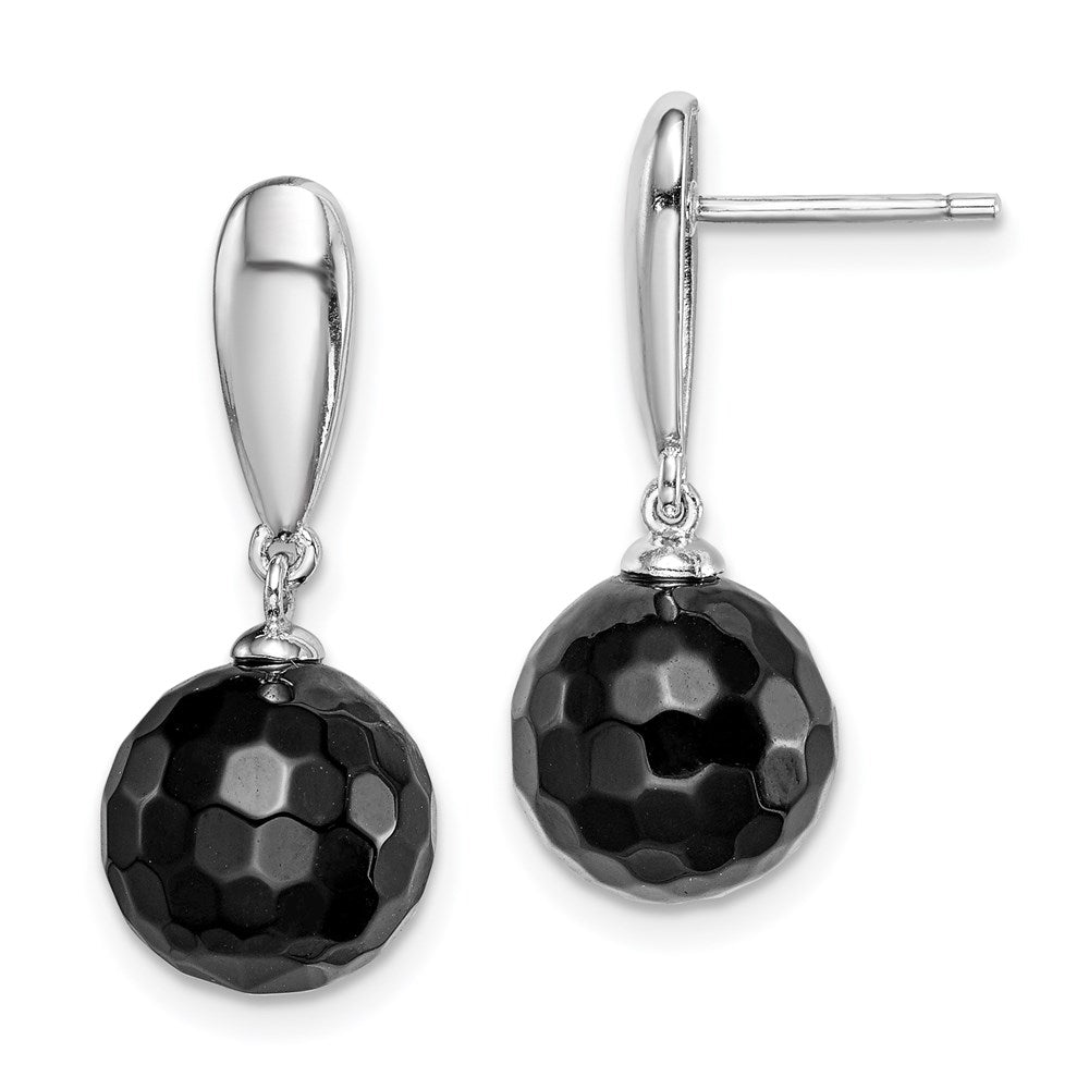 QE15326 Sterling Silver Rhodium-plated Faceted 10mm Onyx Post Dangle Earrings