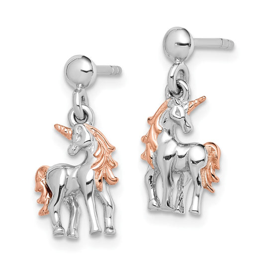 QE15332 Sterling Silver Rhodium-plated Rose Gold-plated Unicorn Post Earrings