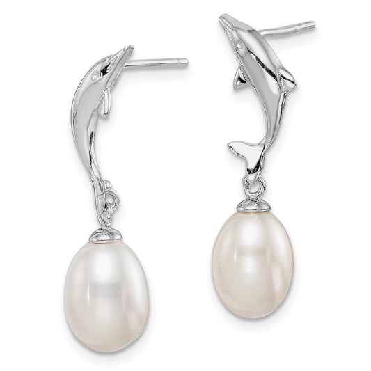 QE15337 Sterling Silver Rhodium-plated 7-8mm White Rice Freshwater Cultured Pearl Dolphin Post Dangle Earrings