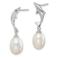 QE15337 Sterling Silver Rhodium-plated 7-8mm White Rice Freshwater Cultured Pearl Dolphin Post Dangle Earrings