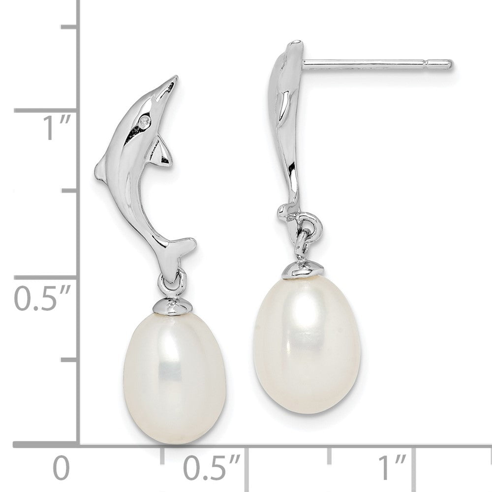 QE15337 Sterling Silver Rhodium-plated 7-8mm White Rice Freshwater Cultured Pearl Dolphin Post Dangle Earrings