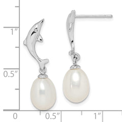 QE15337 Sterling Silver Rhodium-plated 7-8mm White Rice Freshwater Cultured Pearl Dolphin Post Dangle Earrings